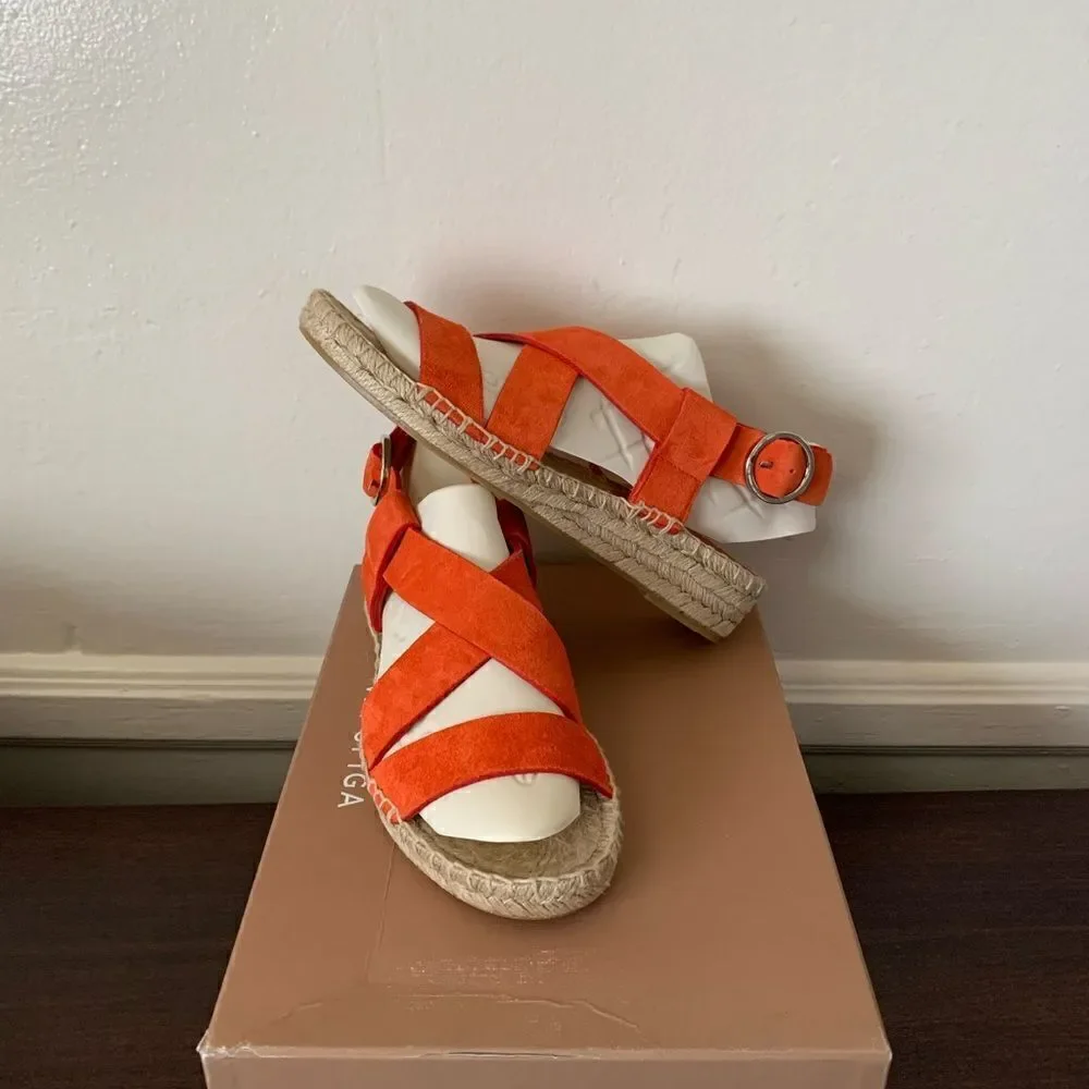 💕Via Spiga Women’s gia suede espadrille wedge strappy sandal in orange Sz 7 NIB